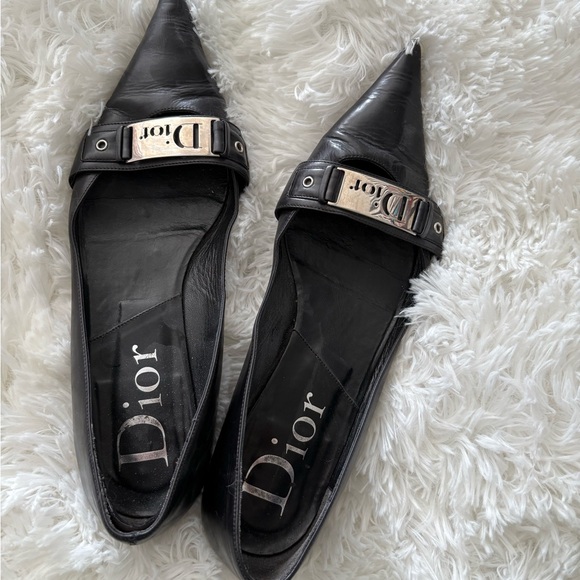 Dior Black Leather Pointed Toe Flats - Picture 1 of 10